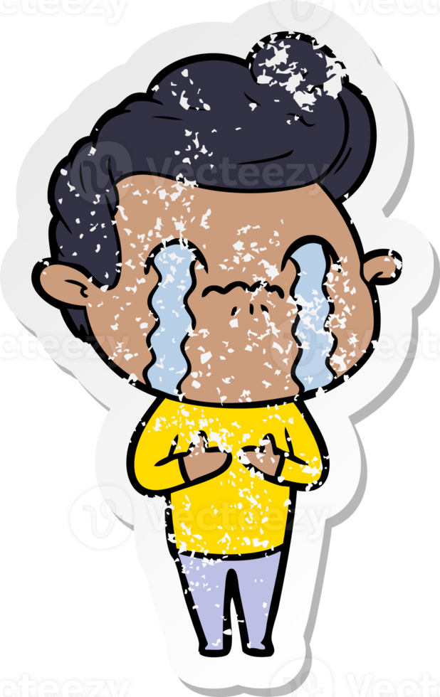 distressed sticker of a cartoon man crying png