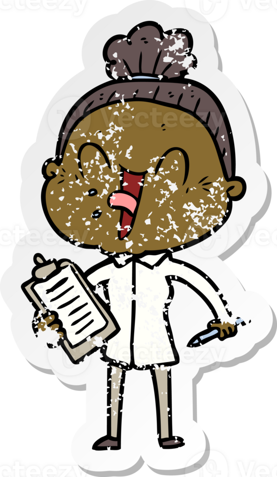 distressed sticker of a cartoon happy old woman png