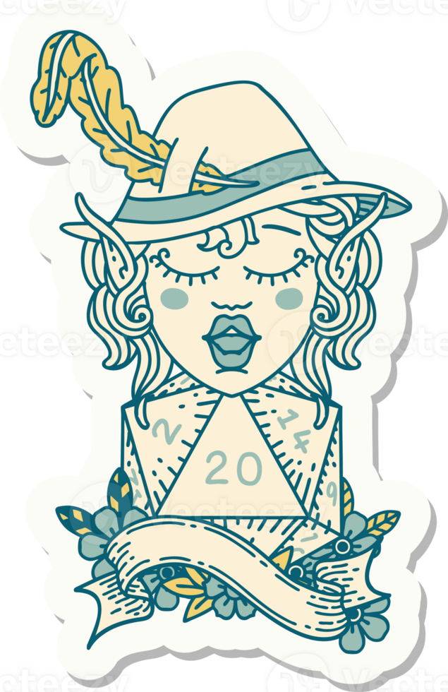 sticker of a elf bard with natural twenty dice roll png