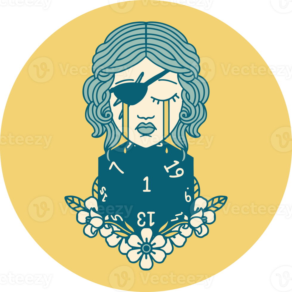icon of crying human rogue with natural one d20 roll png