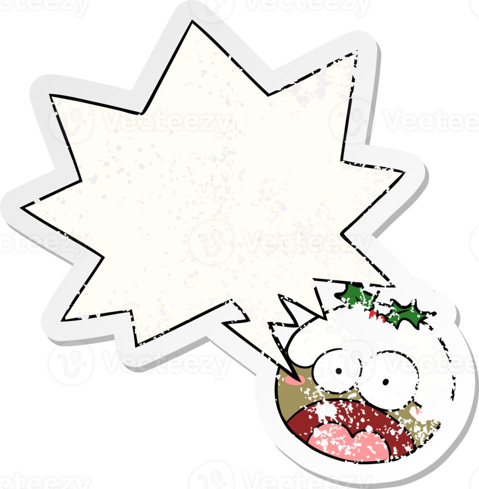 cartoon christmas pudding with shocked face with speech bubble distressed distressed old sticker png
