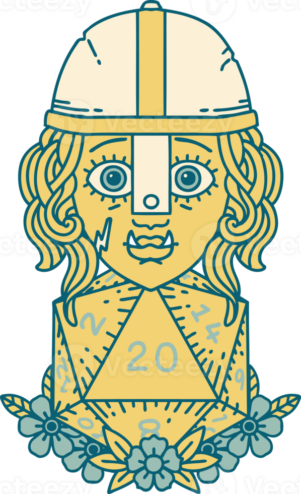 half orc fighter character with natural twenty dice roll illustration png