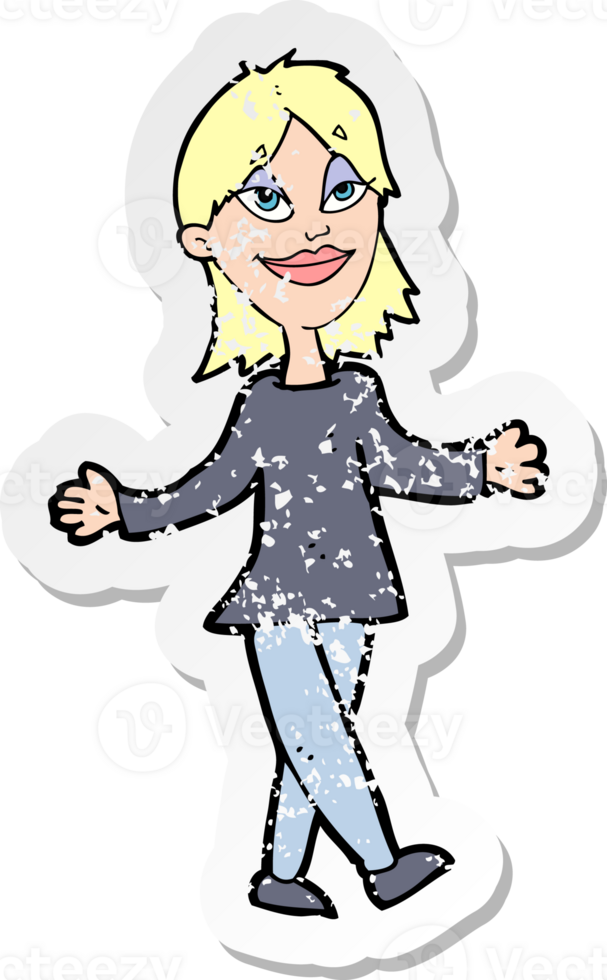 retro distressed sticker of a cartoon woman with no worries png