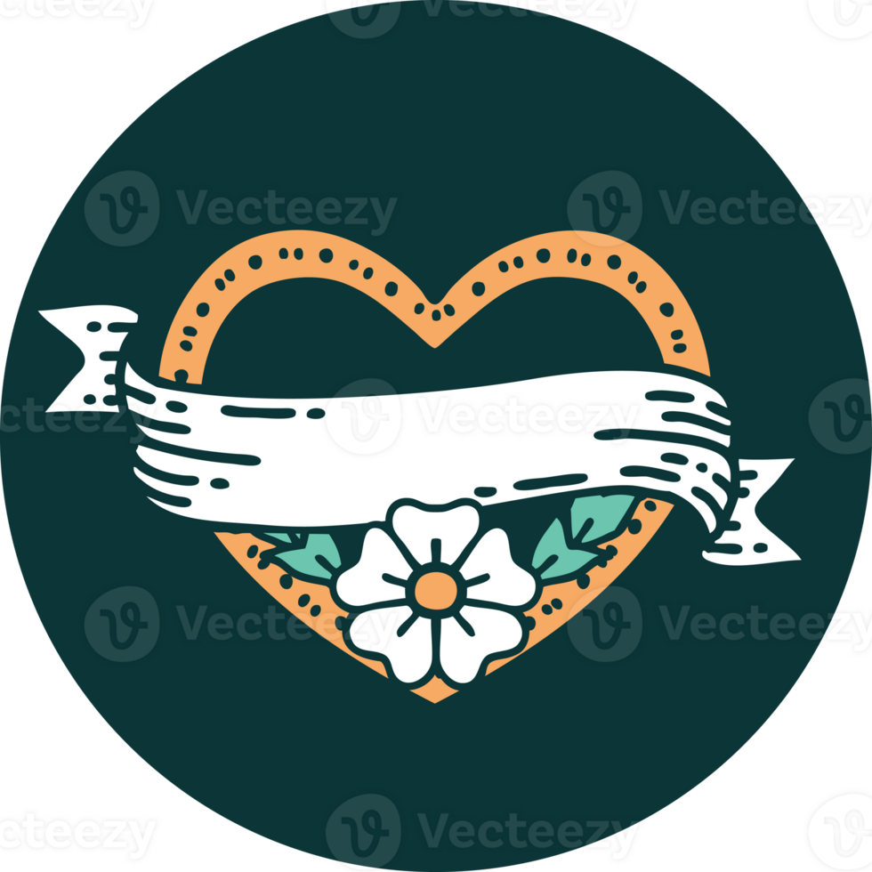 tattoo style icon of a heart and banner with flowers png