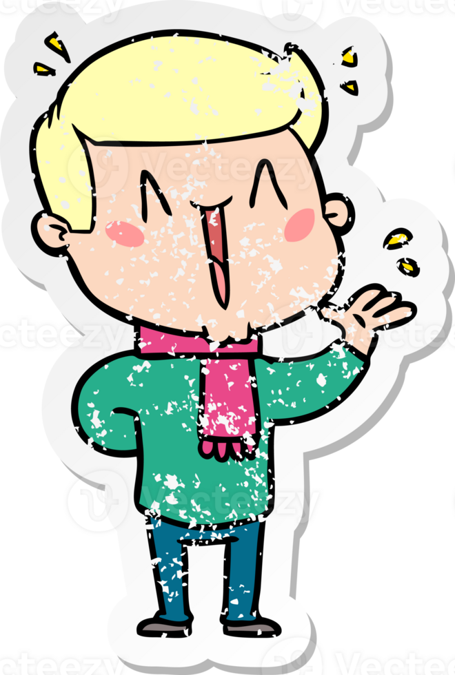distressed sticker of a cartoon excited man png