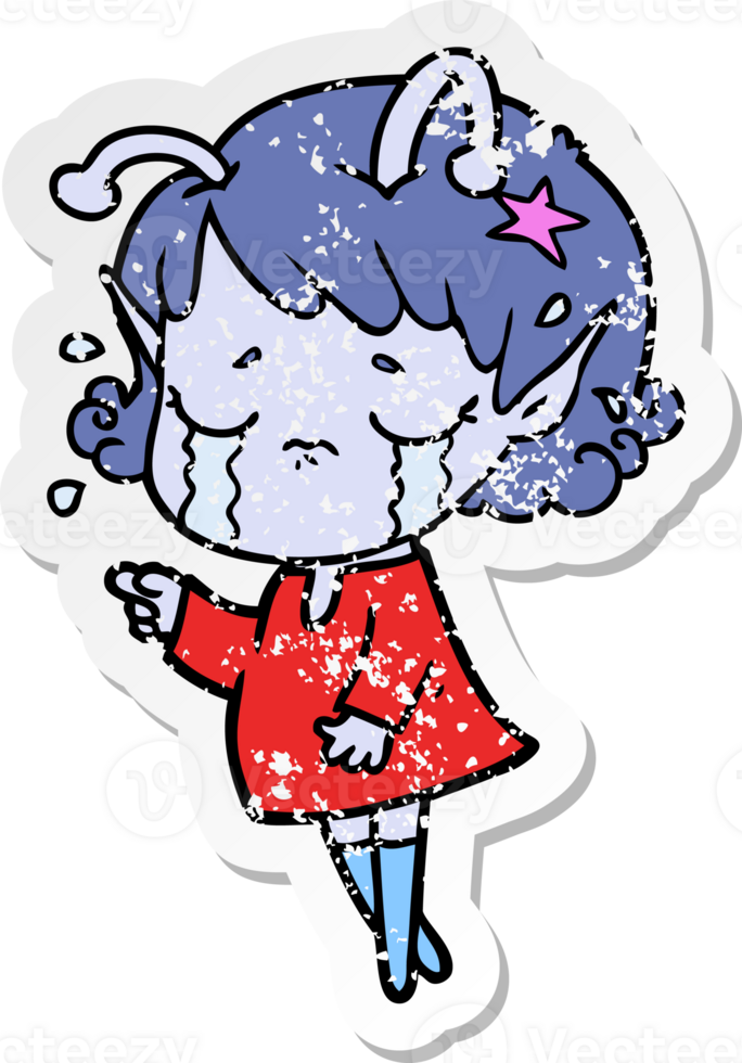 distressed sticker of a cartoon crying alien girl png