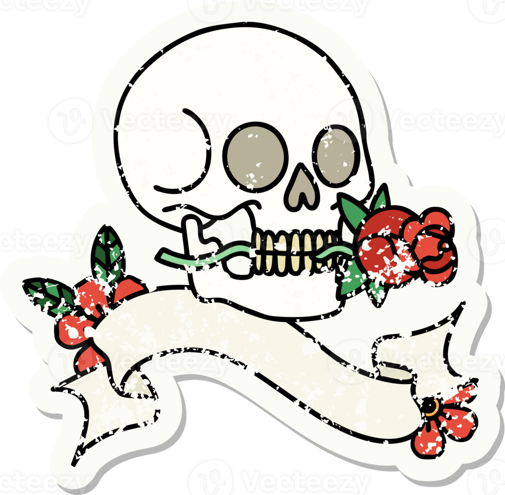 grunge sticker with banner of a skull png