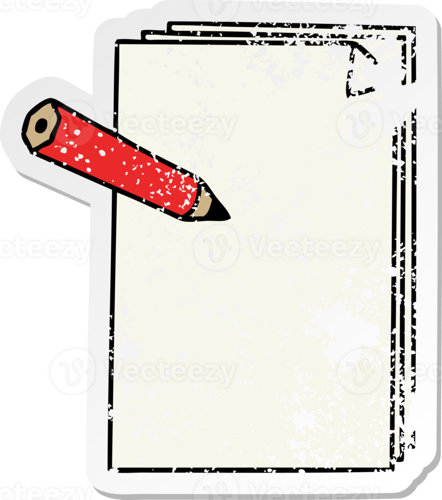 distressed sticker of a quirky hand drawn cartoon paper and pencil png