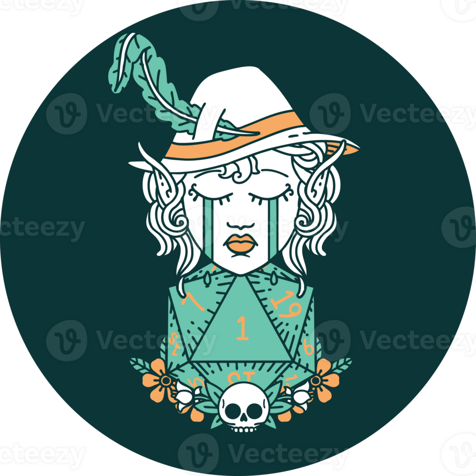 crying elf bard character with natural one D20 roll icon png