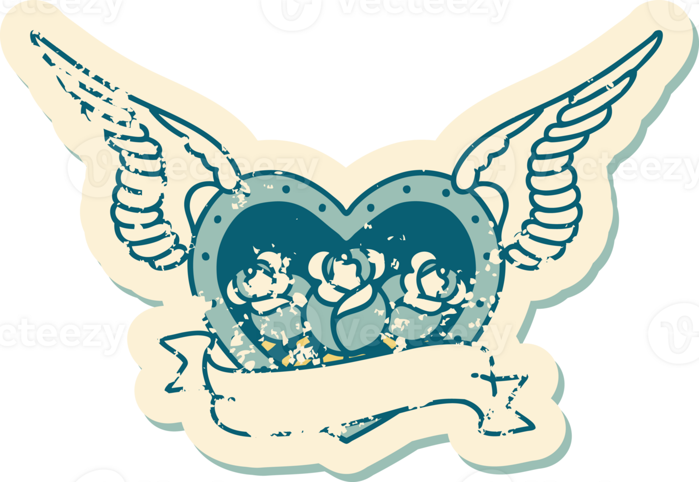 distressed sticker tattoo style icon of a flying heart with flowers and banner png