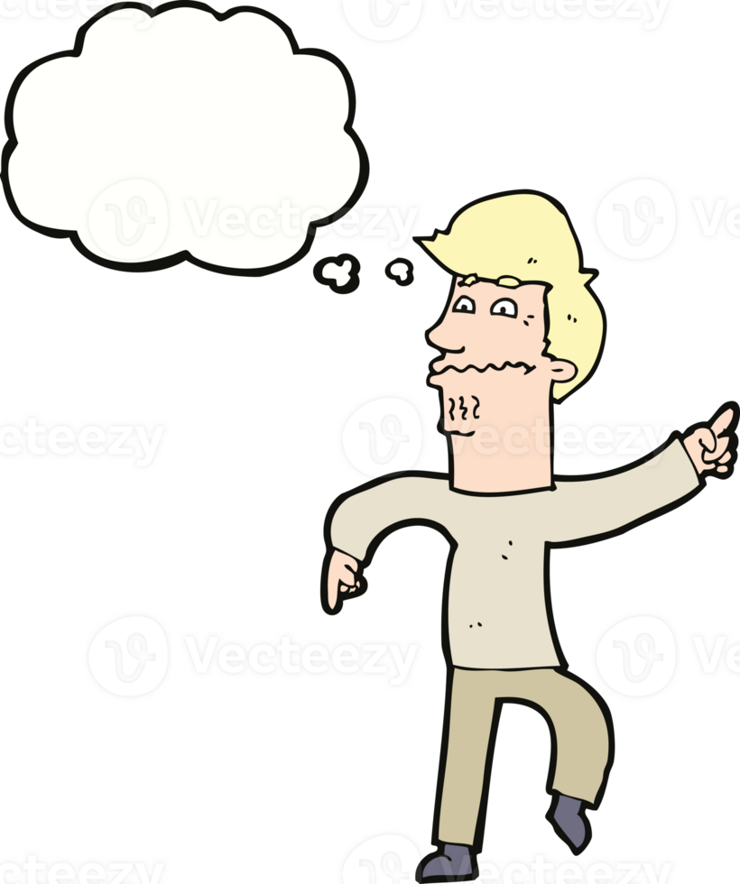 cartoon worried man pointing with thought bubble png