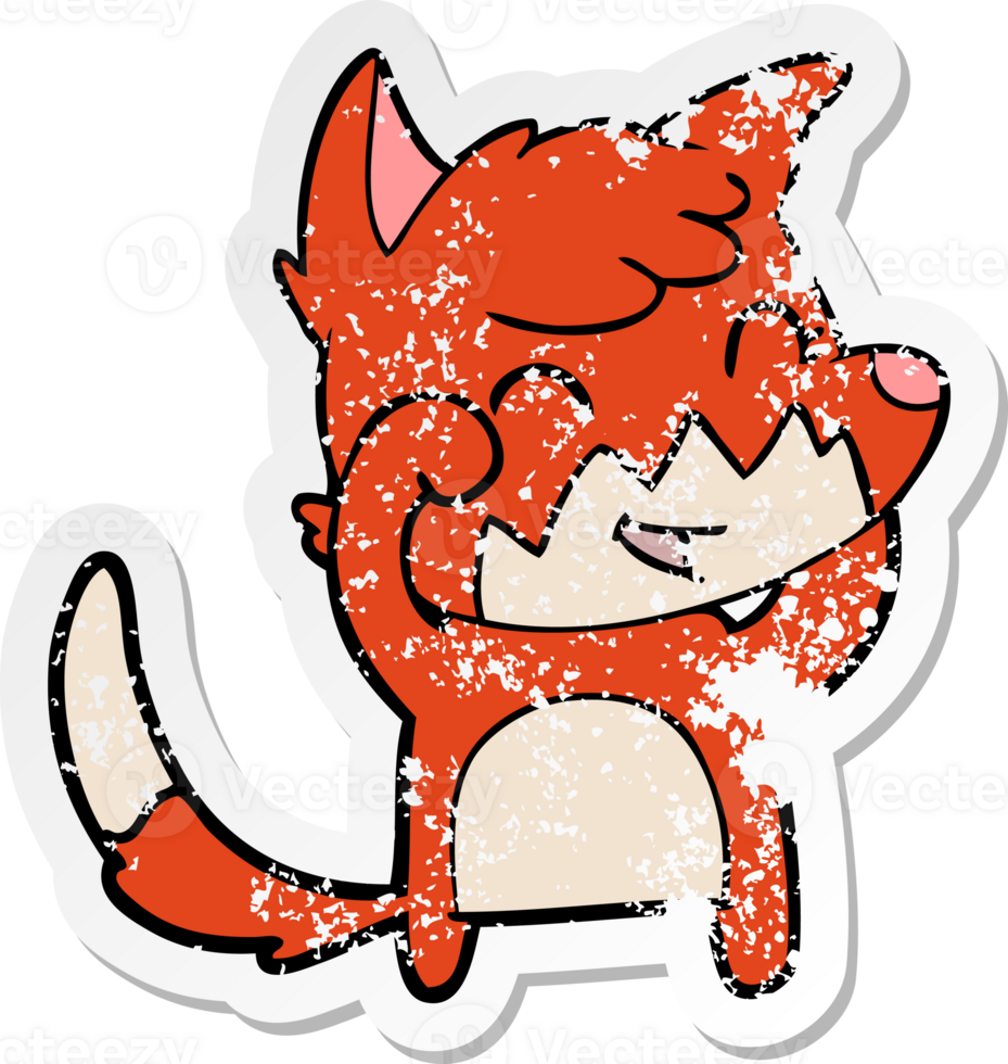 distressed sticker of a happy cartoon fox png