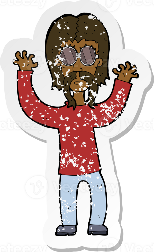 retro distressed sticker of a cartoon hippie man waving arms png