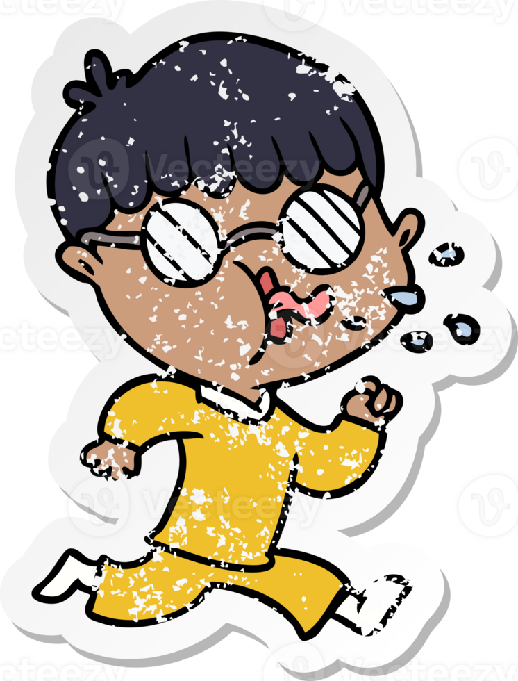 distressed sticker of a cartoon boy wearing spectacles and running png