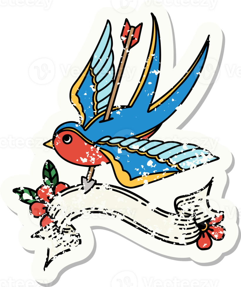 grunge sticker with banner of a swallow pieced by arrow png