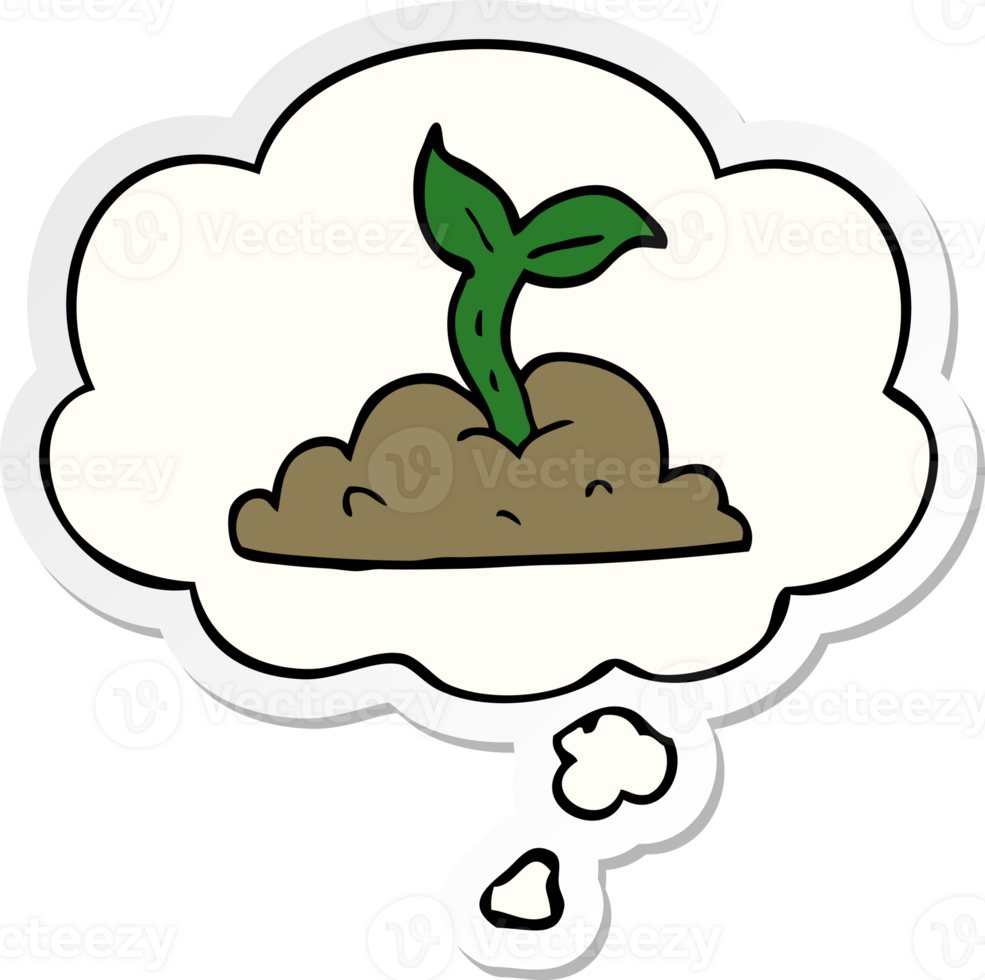 cartoon growing seedling and thought bubble as a printed sticker png