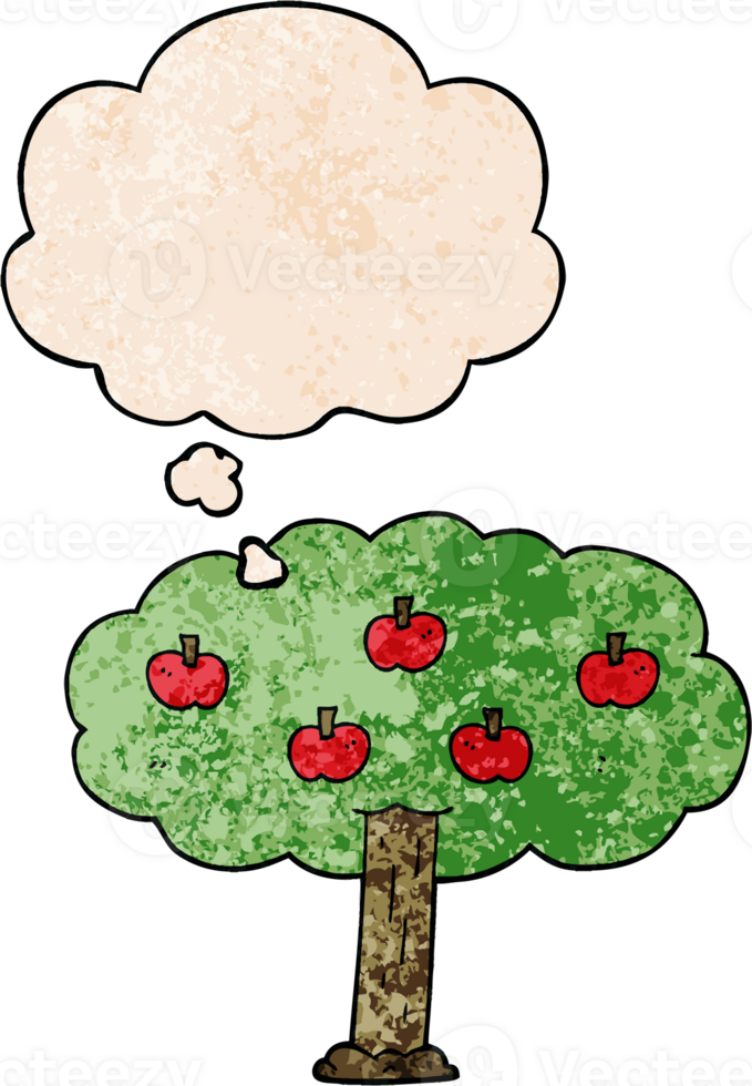 cartoon apple tree and thought bubble in grunge texture pattern style png