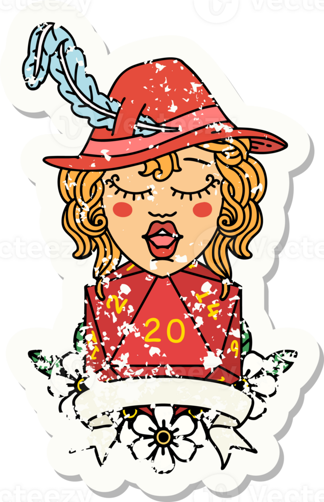human bard character with natural 20 dice roll illustration png