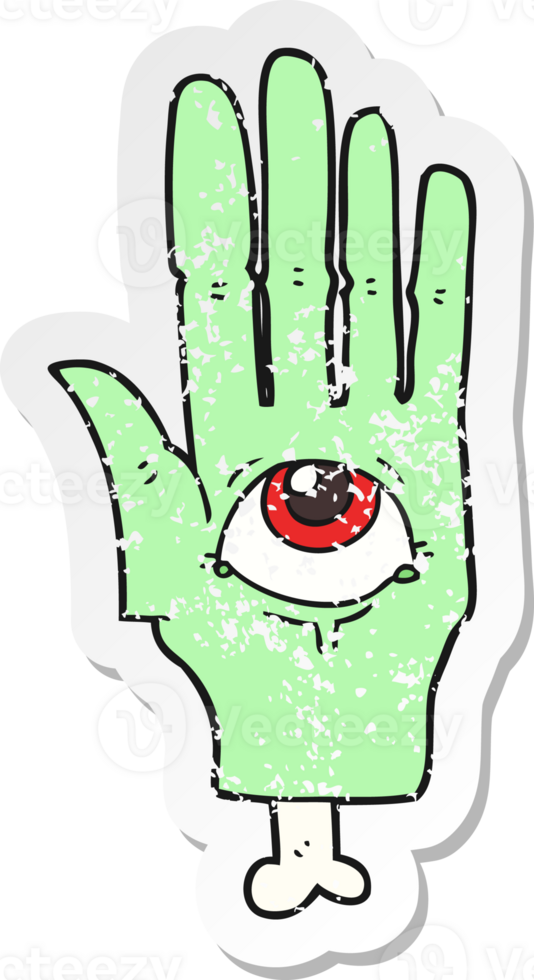 retro distressed sticker of a cartoon spooky eye hand png