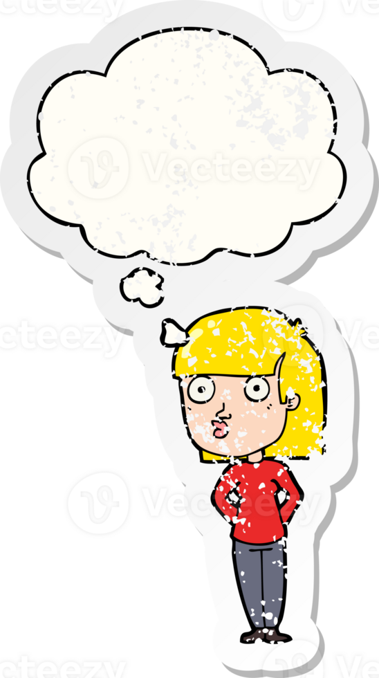 cartoon woman staring and thought bubble as a distressed worn sticker png