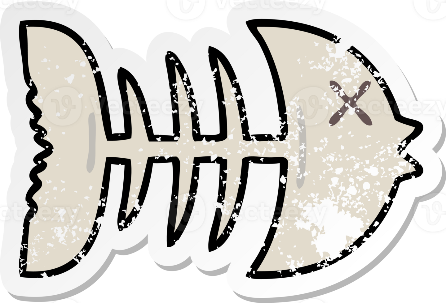 distressed sticker of a quirky hand drawn cartoon dead fish bone png