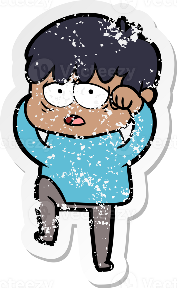 distressed sticker of a cartoon exhausted boy png