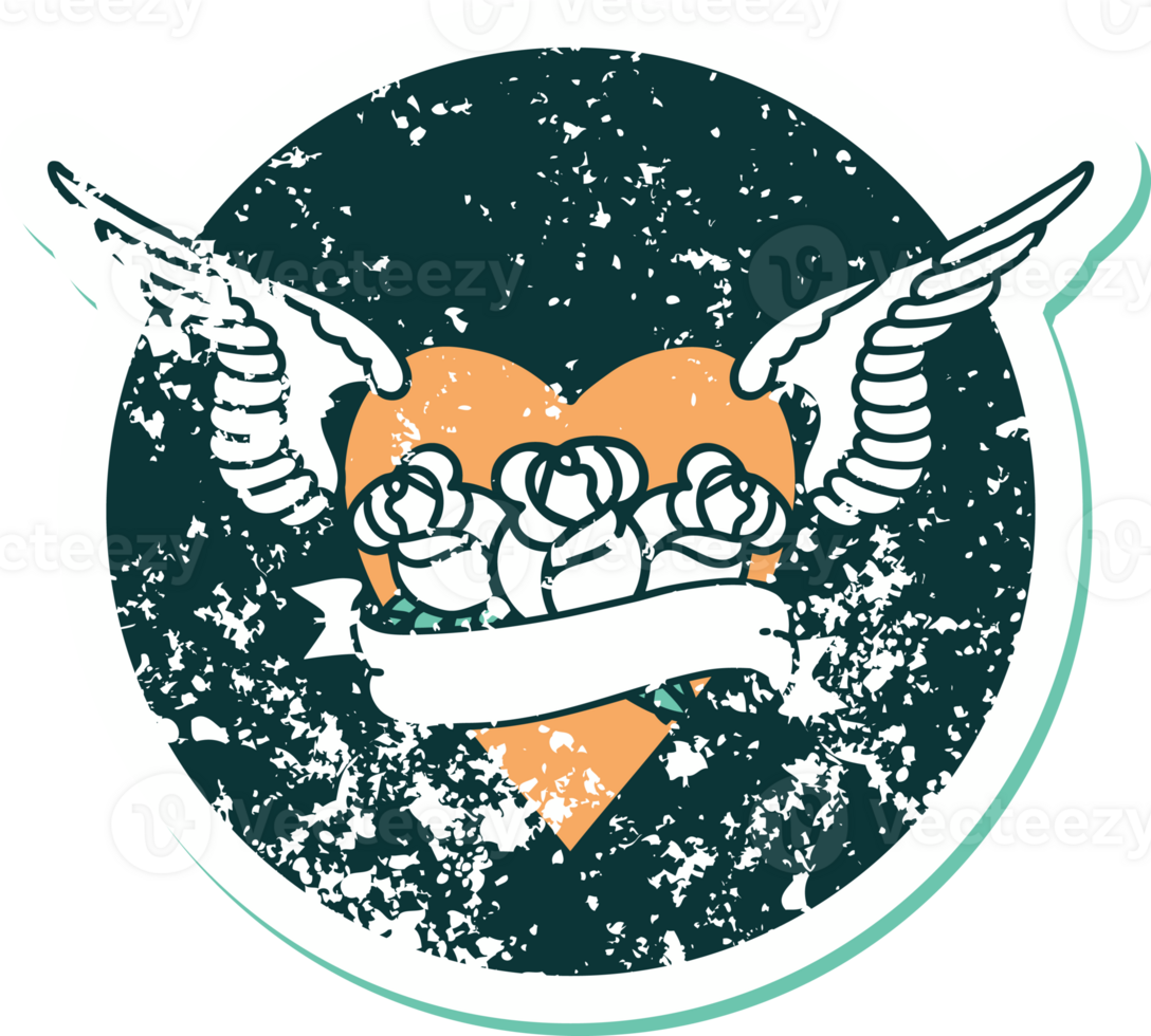 distressed sticker tattoo style icon of a heart with wings flowers and banner png