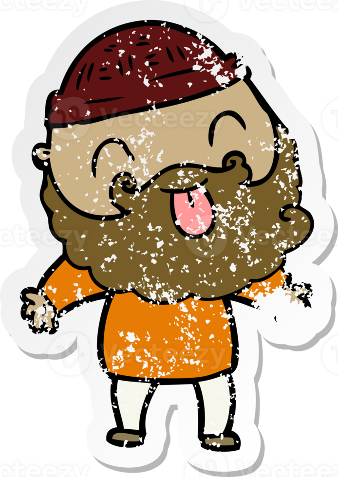 distressed sticker of a man with beard sticking out tongue png
