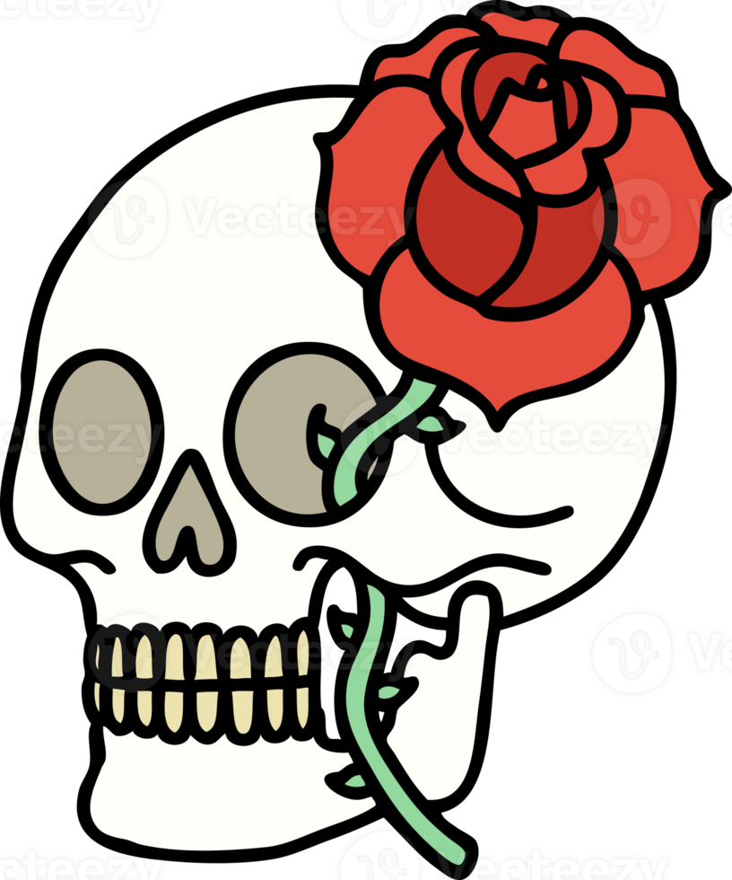 traditional tattoo of a skull and rose png