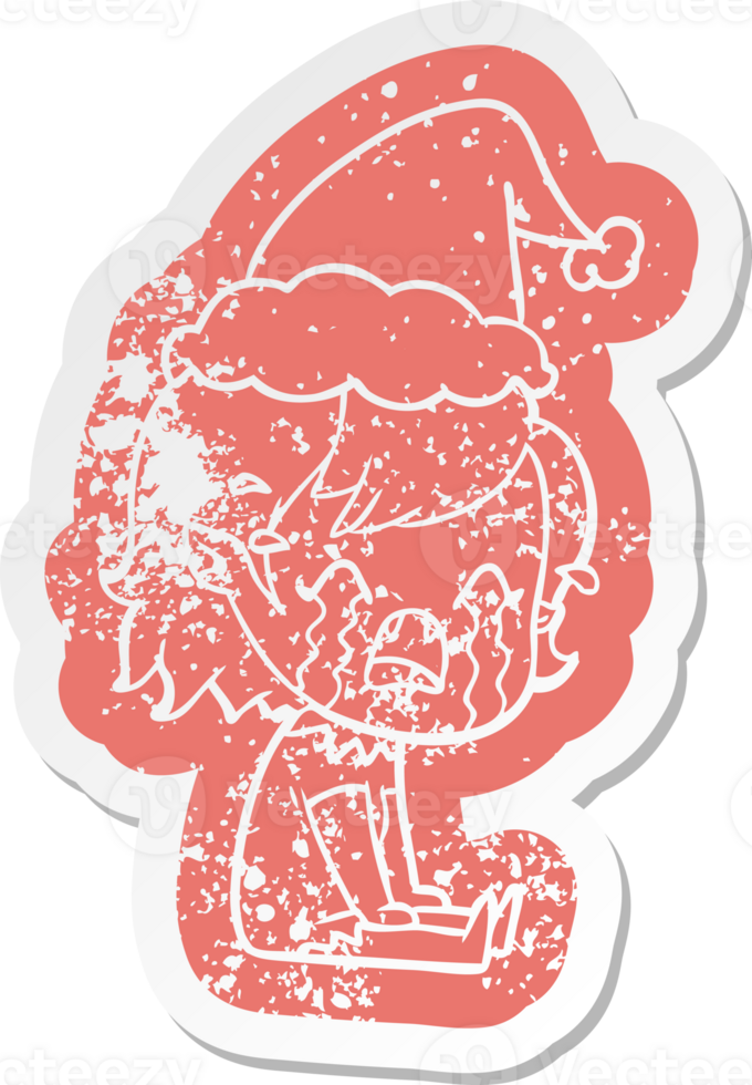 cartoon distressed sticker of a crying vampire girl wearing santa hat png