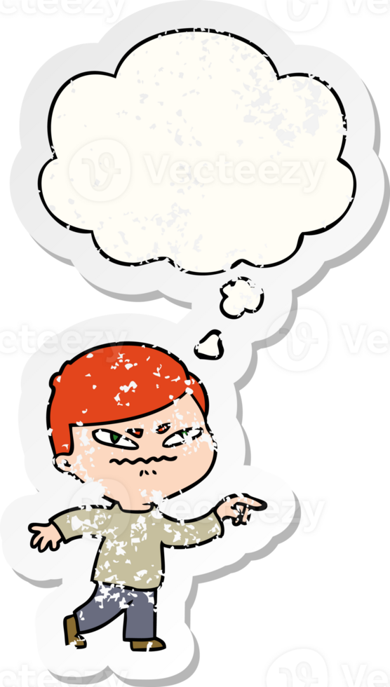 cartoon angry man pointing and thought bubble as a distressed worn sticker png