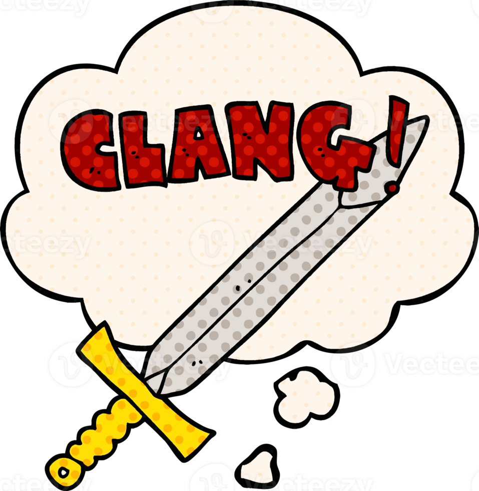 cartoon clanging sword and thought bubble in comic book style png