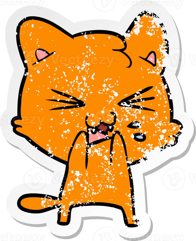 distressed sticker of a cartoon hissing cat png