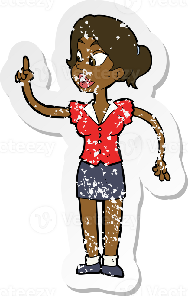 retro distressed sticker of a cartoon woman with great idea png