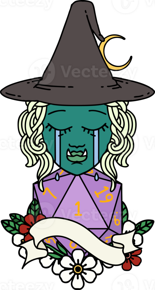 crying orc witch with natural one D20 roll illustration png