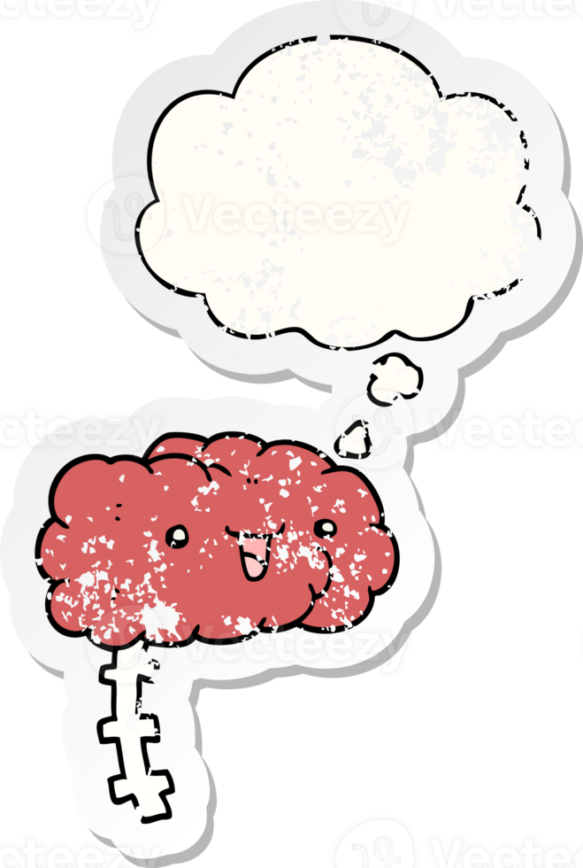 happy cartoon brain and thought bubble as a distressed worn sticker png