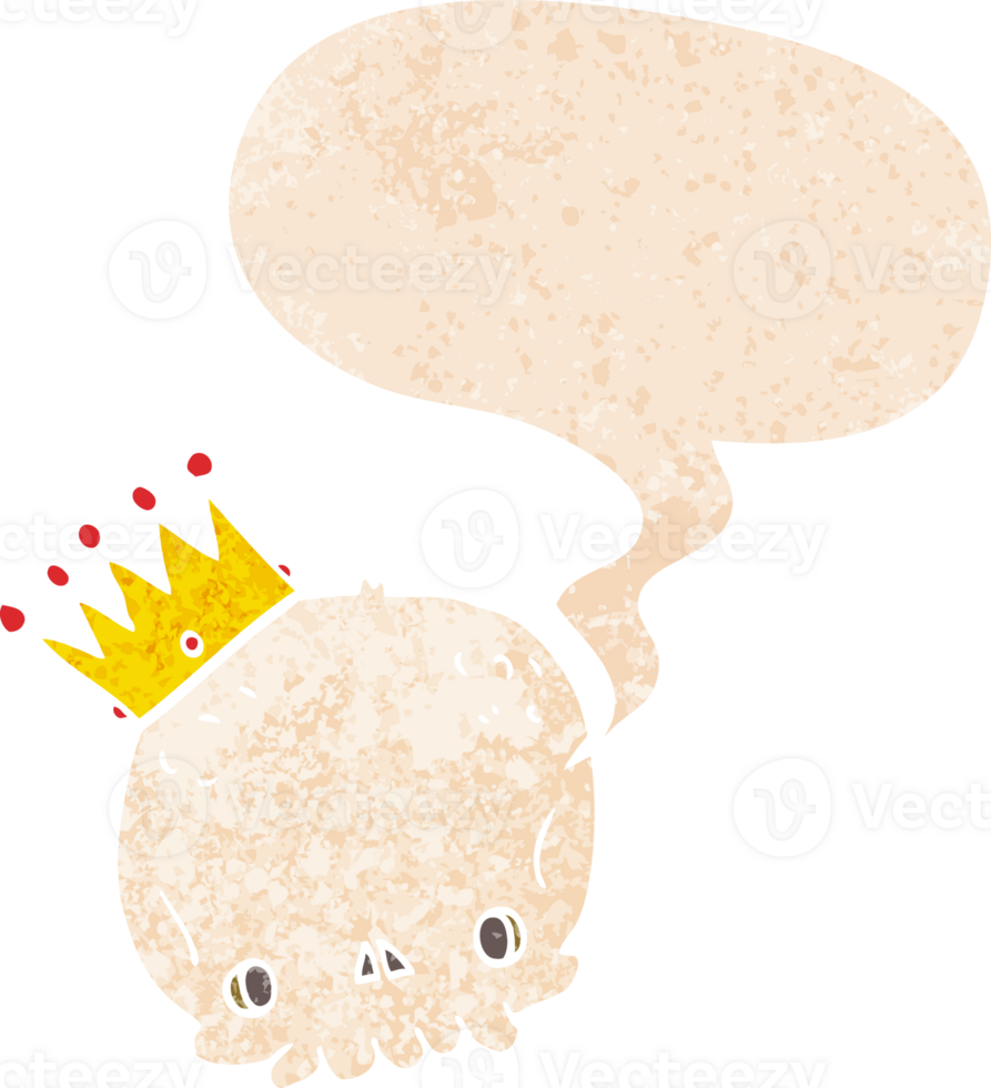 cartoon skull with crown and speech bubble in retro textured style png