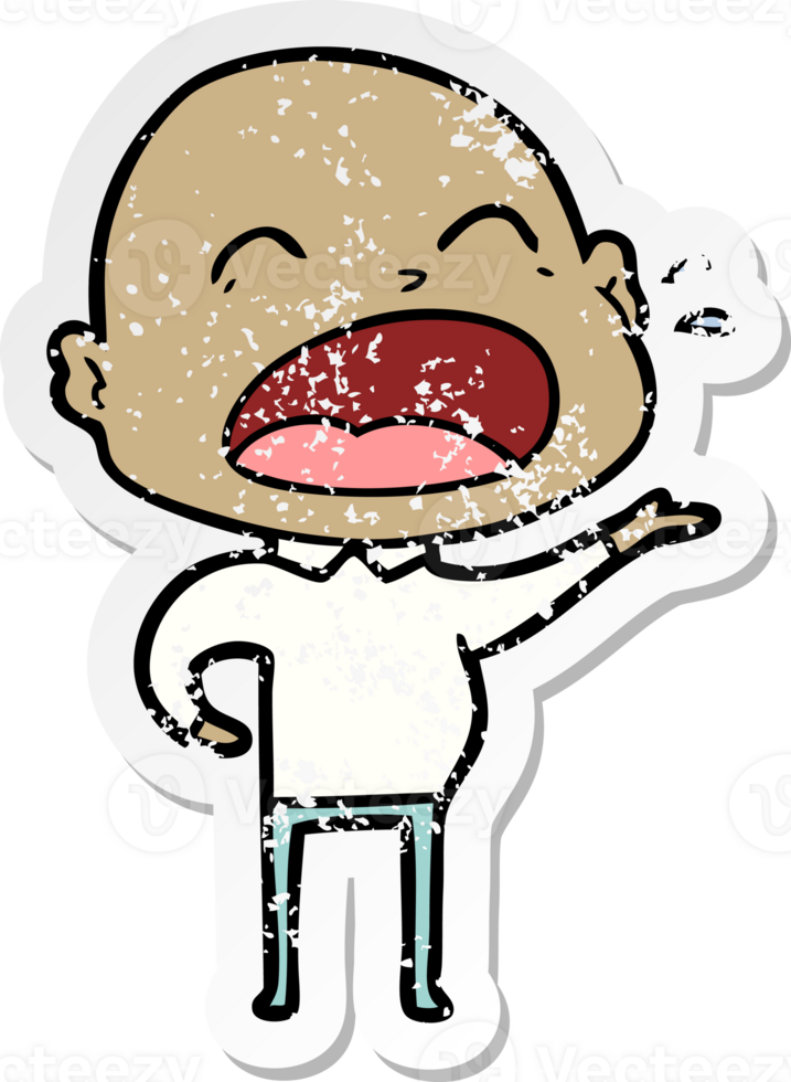distressed sticker of a cartoon shouting bald man png