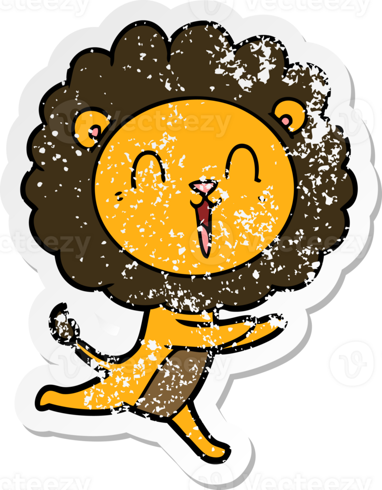 distressed sticker of a laughing lion cartoon running png