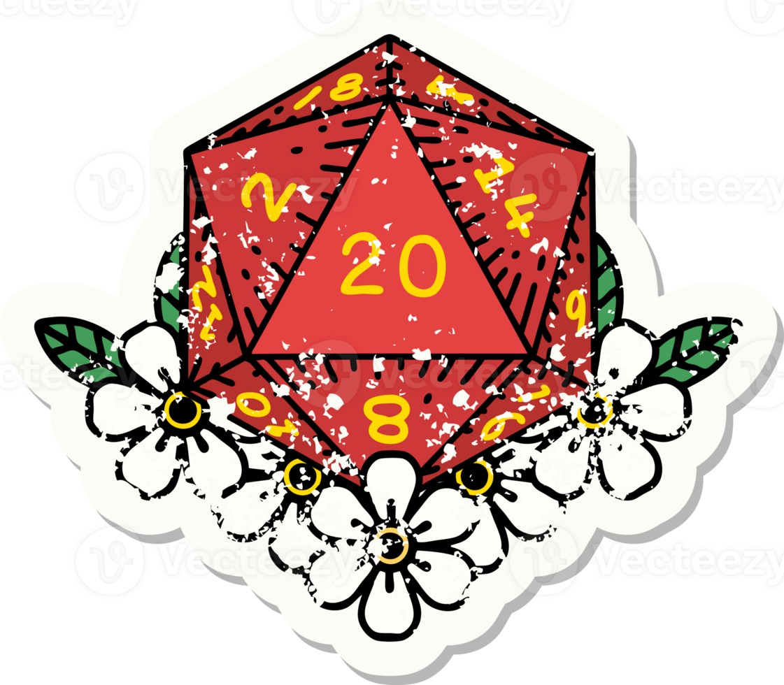 natural 20 D20 dice roll with floral elements grunge sticker png