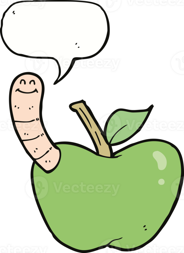 cartoon apple with worm with speech bubble png