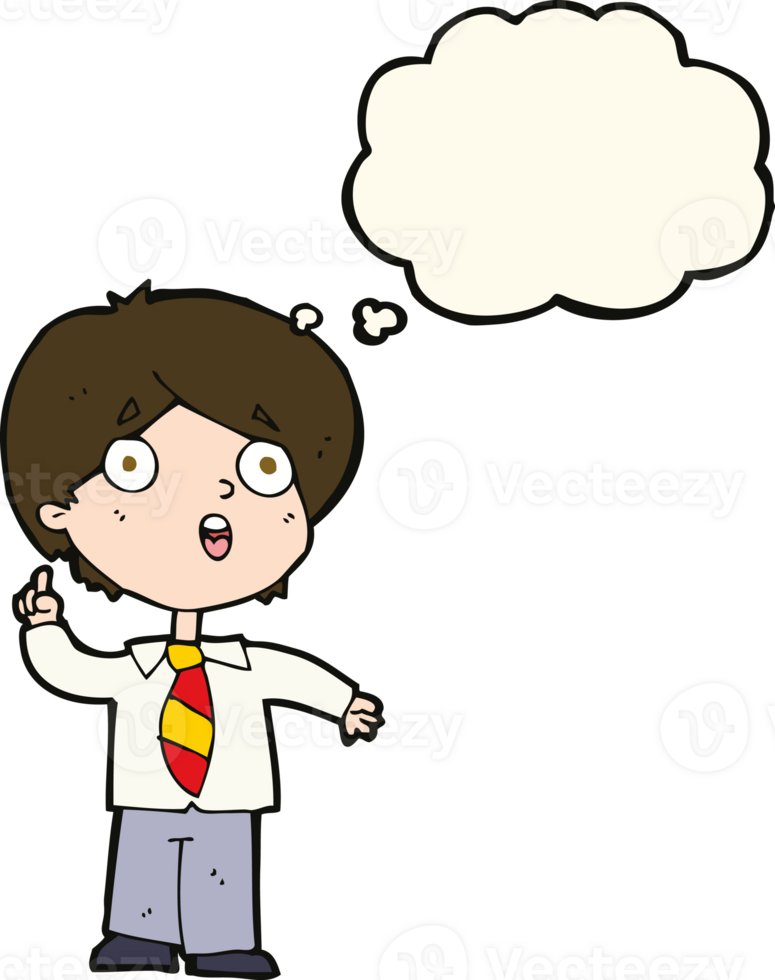 cartoon schoolboy answering question with thought bubble png