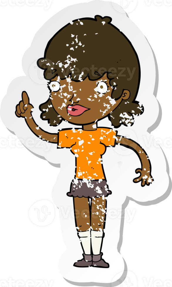 retro distressed sticker of a cartoon woman with idea png