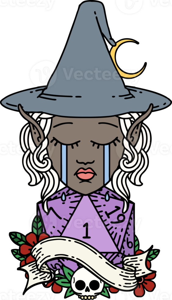 crying elf mage character face with natural one D20 roll illustration png