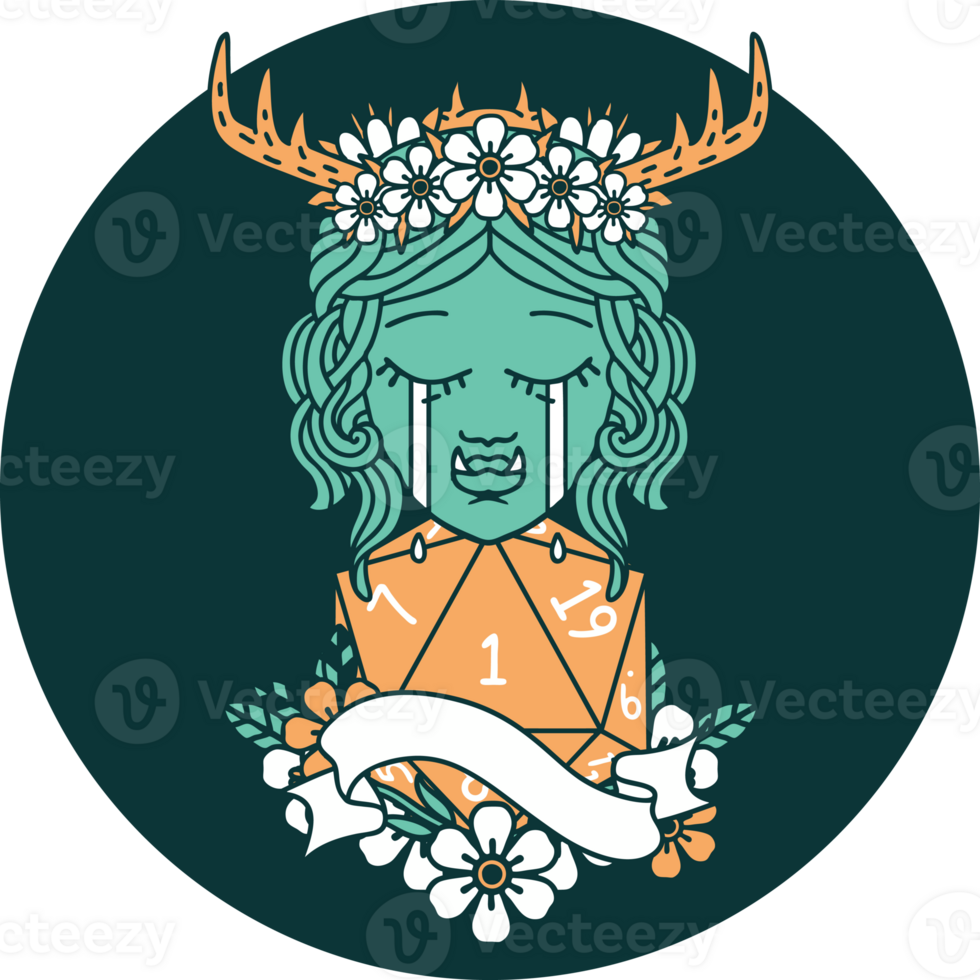 crying orc barbarian character face with natural one D20 roll icon png