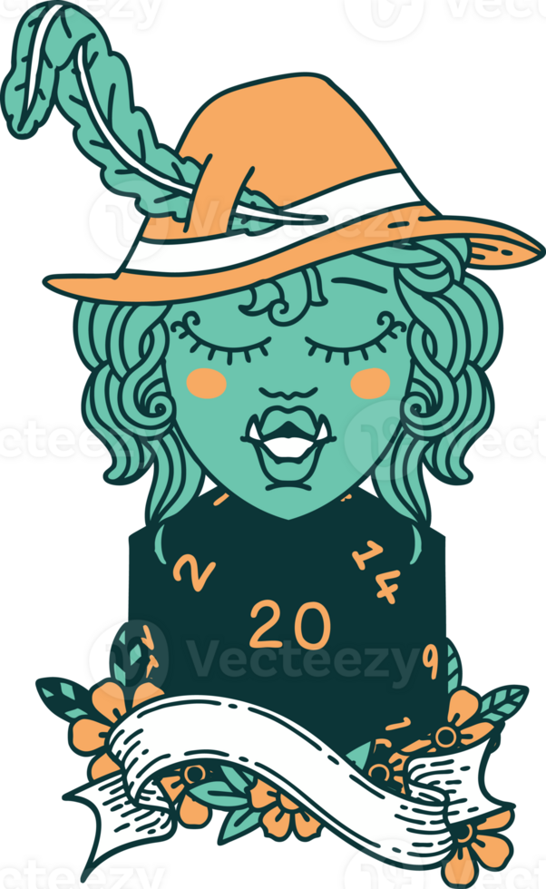 singing half orc bard with natural twenty dice roll illustration png