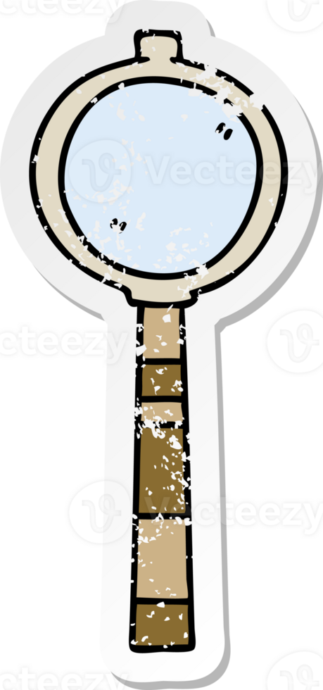 distressed sticker of a quirky hand drawn cartoon magnifying glass png
