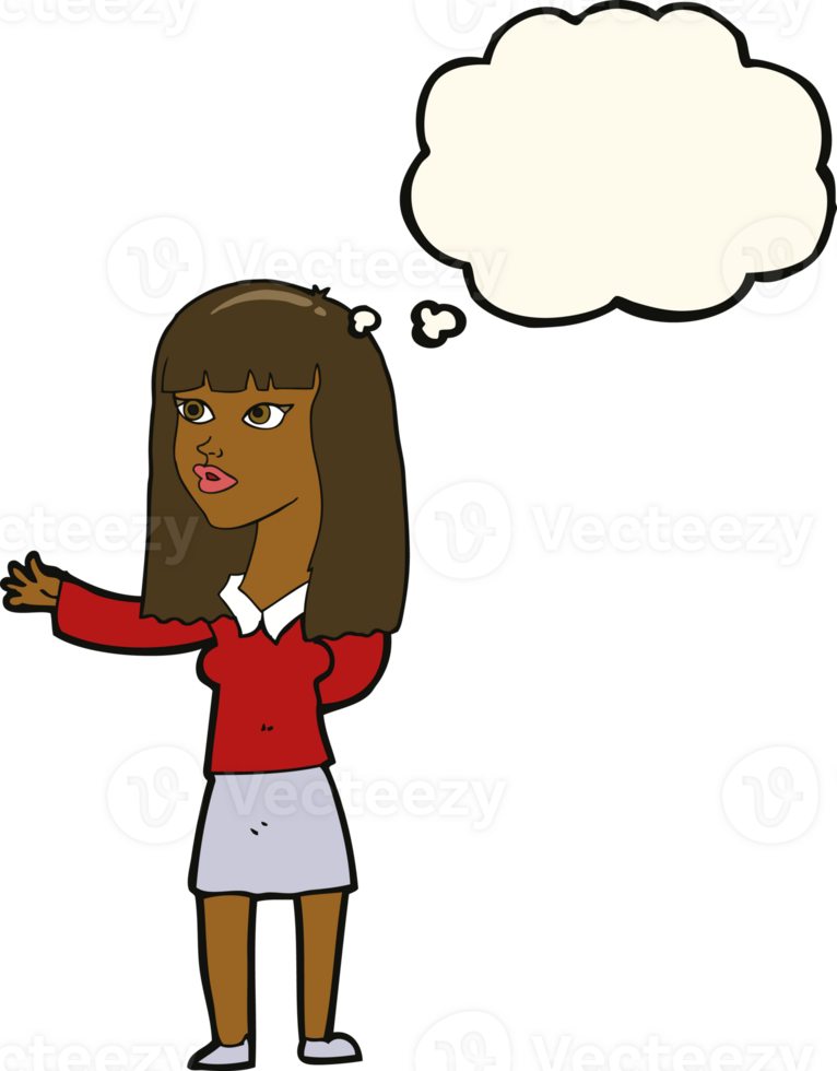 cartoon woman gesturing to show something with thought bubble png