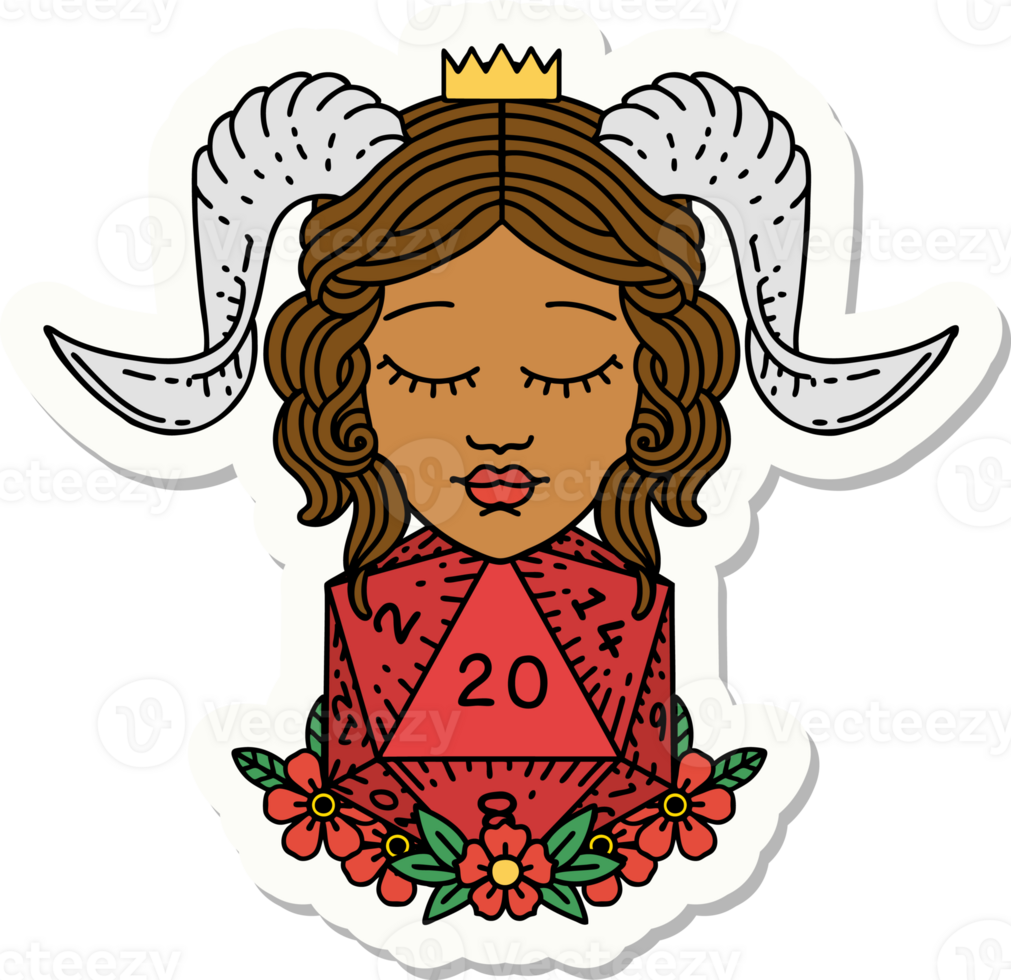 tiefling with natural twenty d20 dice roll sticker png