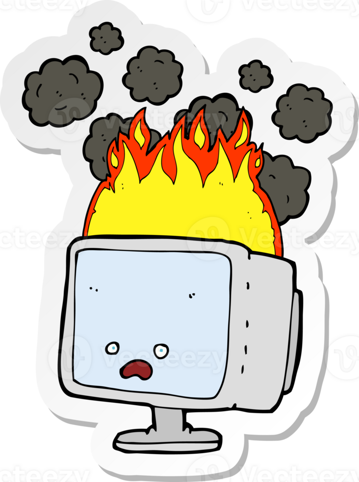 sticker of a cartoon burning computer png